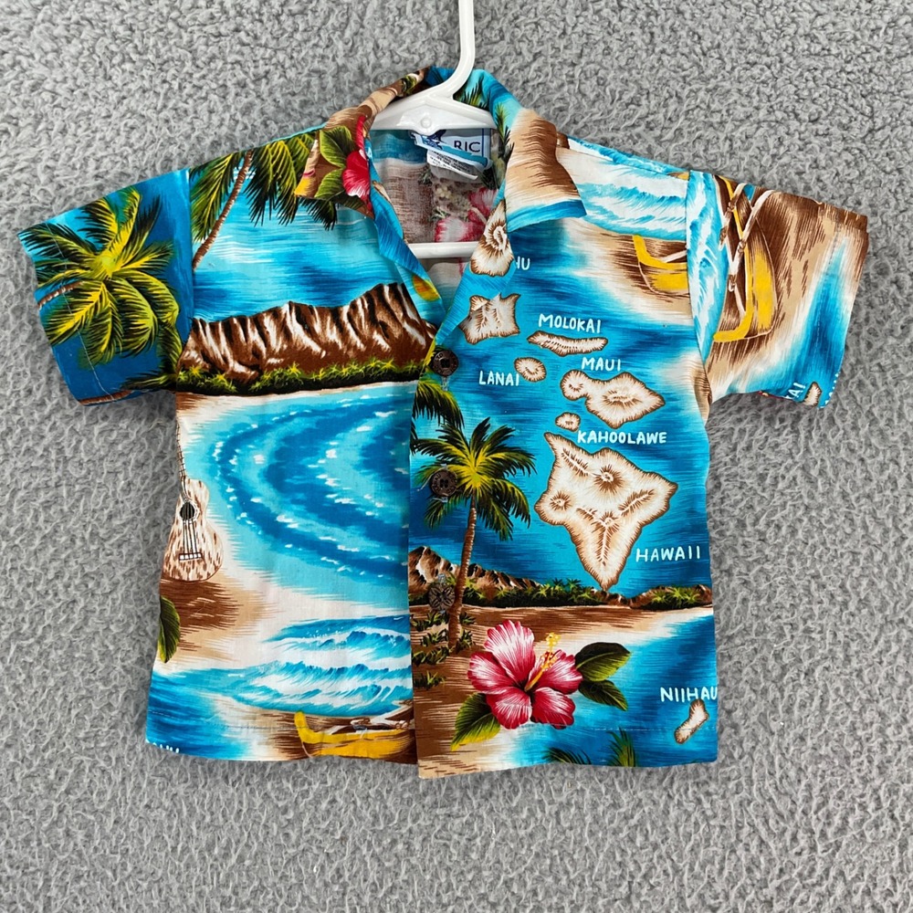 RJC Hawaiian Shirt Kids 6M Blue Excellent Island Map Tropical Aloha Made in USA
